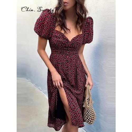Womens French Sexy Floral Side Split Dress Lady Summer Puff Sleeve Square Collar Dresses Female Fashion Vintage Ruched Vestidos