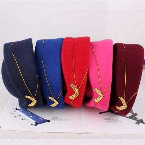 2020 Women Air Stewardess Hat Woolen Flight Attendant Hat Stewardess Cap for Costume Cosplay Musical Performance - Size M(Red)