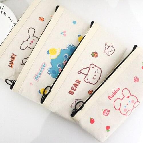 2021 Japanese Simple Large-capacity Pencil Case Ins Cartoon Bear Canvas Student Stationery Pencil Case Cute Case Pencil Bags