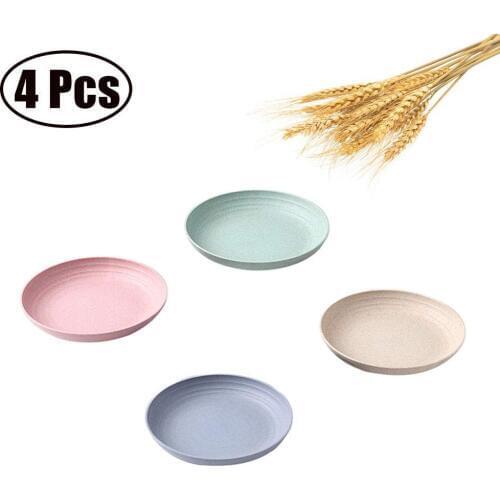 4 Pcs Round Four Color Wheat Straw Plate Dishwasher and Microwave Safe Easy Clean Tableware Plates for Candy Dessert Noodle