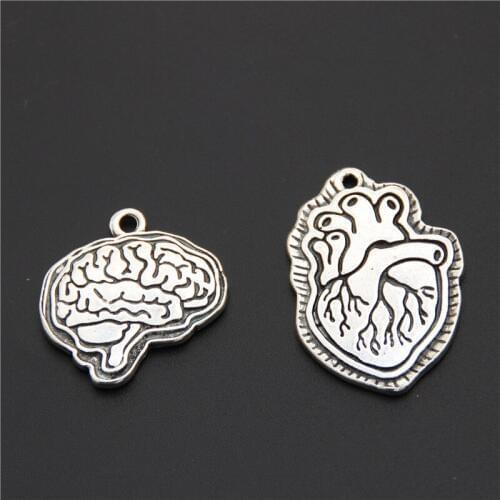 5pcs Silver Color Biology Brain and Heart Charms Medicine Organs Pendant Necklaces Anatomical Jewelry Supplies