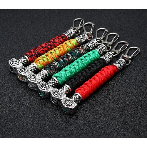 Exquisite Handmade Paracord Braided Keychain Viking Runes Hammer Beads Drop Dangle Keyring Key Rings Key Fob Gifts Jewelry