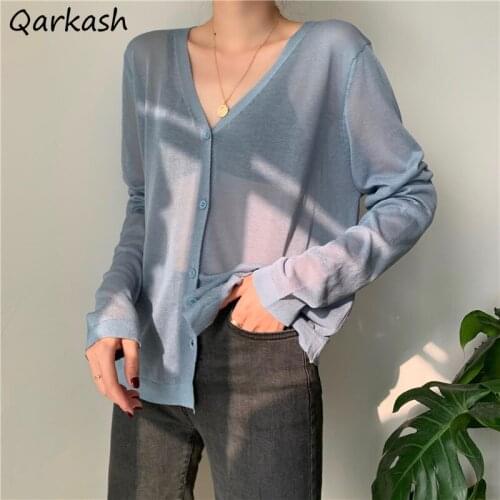 Cardigan Women Solid Thin Summer V-neck Female Sheer Korean Style Outwear Soft Students Basic Hipster Newest Popular Casual Ins