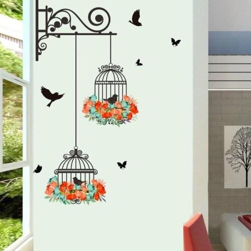Creative Colorful Flower and Bird Cage Waterproof Wall Stickers Living Room Bedroom PVC Wall Stickers Large Mural Art Poster