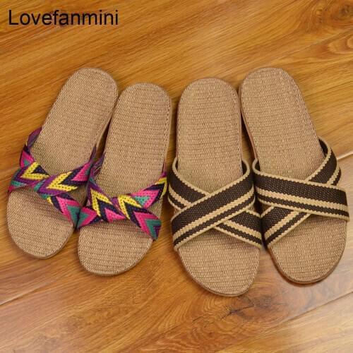 Natural linen slippers summer home indoor sandals mens man unisex spring and autumn couples landing guests flax Non-slip 522