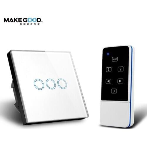 Makegood EU Standard Remote Touch Switch Glass Panel 3 Gang 1Way 433MHz RF 1Remote Wall Switch With LED indicator Touch Switch