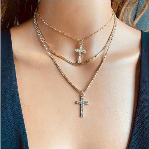 2021 New Retro 3 Circle Multi-layer Charm Choker Crystal Necklace European Simple Clavicle Chain Cross Necklaces Fashion Jewelry