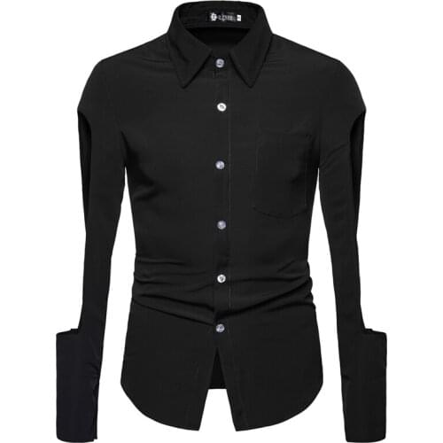 Spring and Summer New Mens Shirt Single-Breasted Lapel Slim-Fit Long-Sleeved Shirt Cool Hollow Sleeve Stage Party Clothing