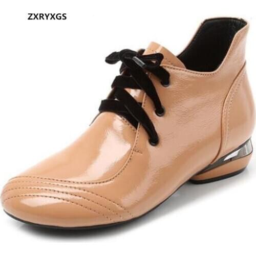 New Top Cowhide Autumn Leather Boots Low Heel Patent Leather Elegant Temperament Ankle Boots Large Size Winter Shoes Women Boots