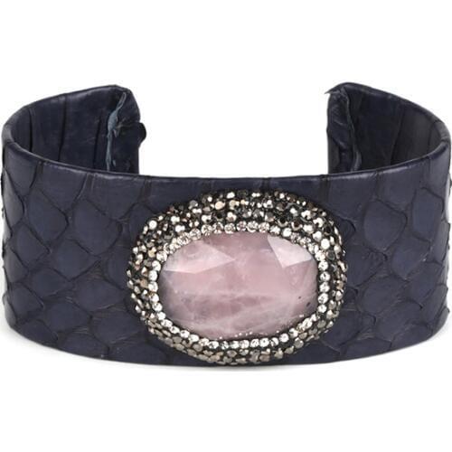 Oval rose pink pale pink crystal stone bead charm pave rhinestone deep blue snake leather wide wrap open bangle cuff for women