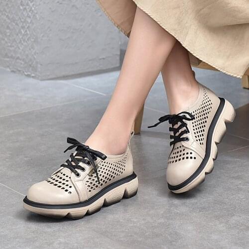 The First Layer of Cowhide Thick-soled Hollow Shoes British Leather Round Toe Casual Platform Sandals Spring and Summer Models