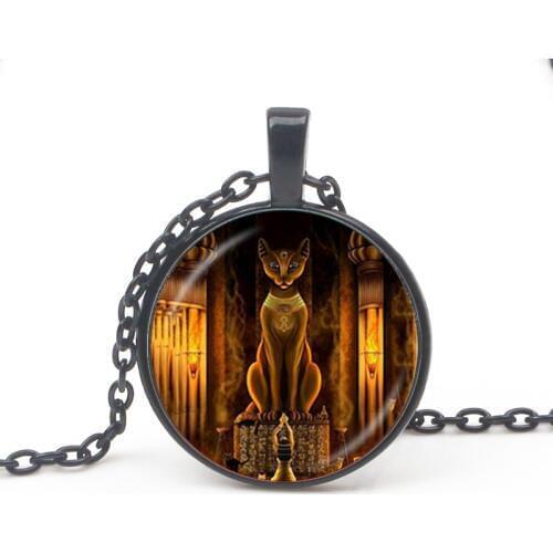 Popular Ancient Egyptian Cat Goddess Statue Pendant Necklace Glass Round Pattern Hanging Chain Men Women Accessories Gift Friend