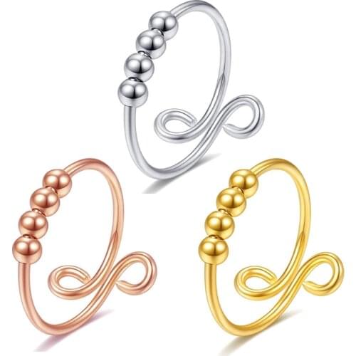 U90E Women Rotatable Fidget Beads Ring Anti Stress Anxiety Spinner Opening Peace Ring