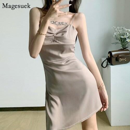 Party Evening A-Line Summer Dress Spaghetti Strap Sexy Mini Satin Dress Women Eleagnt Korean Pleated Short Dresses Vestido 15149