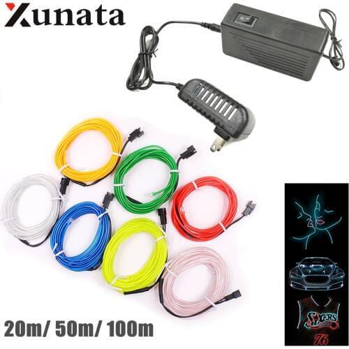 20m/50m/100m Neon Light EL Wire Rope Tube Waterproof Dance Party Decor Light LED Lamp Flexible Tape LED Strip with Controller
