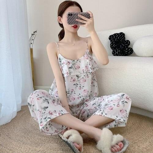Women Flower Print 2PCS Ice Silk Pajamas Suit White Strap Top&Pant Lounge Nightwear Summer New Homewear Cute Ruffles Sleepwear