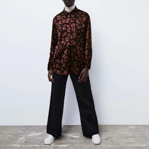 Womens mid-length animal print shirt silk satin texture blouse