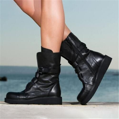 Buckle Design Spring Shoes Women Mid Calf Boots Leather Thick Heel Vintage Style Female Footwear Black Green Purple Botas Mujer