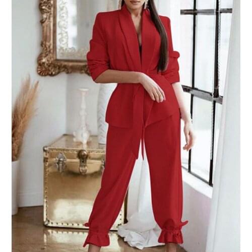 Women Blazers OL Trousers Suit Women Lace-Up Sashes Half Sleeve Zip Blazers And Wide Pants Oversized Suit Pantsuits Streetwear