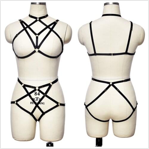 Women Fetish Black Bridal Wedding Harness Garter Body Cage Set Crop Top Open Chest Bondage Body Harness Bustier