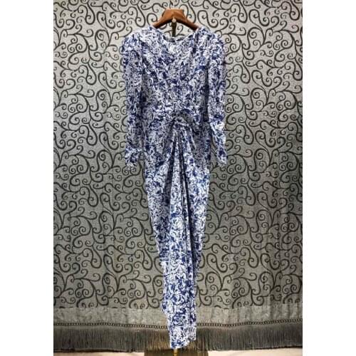 New 2021 Summer Long Dress High Quality Women V-Neck Vintage Porcelain Prints Pleated Patchwork Long Sleeve Sexy Dress Vestido