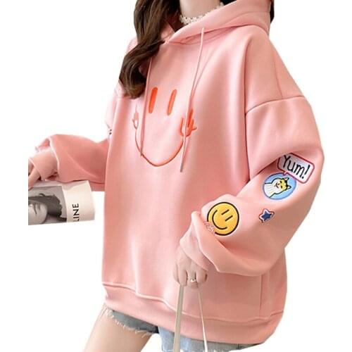 ZuoLunOuBa Winter Plus Cashmere Fashion Women Hoody Sweatshirt Embroidery Lovely Puppy Smiley Anime Cartoon Pink Pullover Female