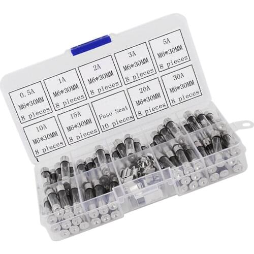 72pcs 6*30mm Glass Tube Fuses Car Electrical Assorted Kit 250V 0.5A-30A