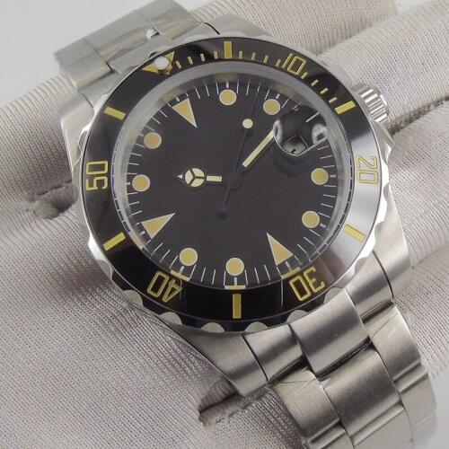 Automatic Mens Watch Black Dial Ceramic Bezel MIYOTA 8215 Steel Bracelet Screw Crown Sapphire Crystal