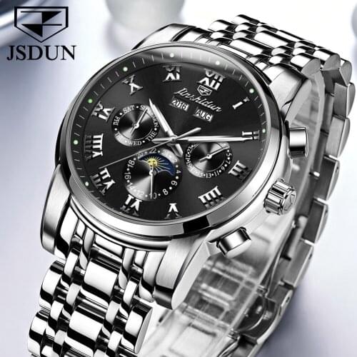 JSDUN Brand New Mens Mechanical Watch Automatic Perpetual Calendar Stainless Steel Waterproof Business Watch Relogio Masculino