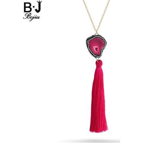 BOJIU Tassel Long Necklace For Women Crystal Zircon Bohemia Woman Natural Stone Pendant Fringe Necklace Clothe Decoration NKS057