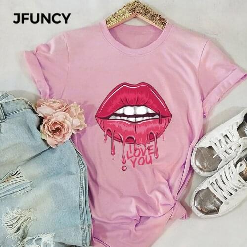 JFUNCY Plus Size Cotton T-Shirt New Red Lips Print Woman T Shirt Casual Women Tshirt Female Short Sleeve Tees Summer Mujer Tops