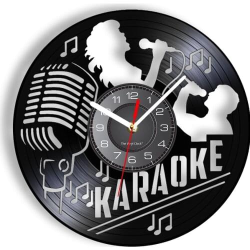 Karaoke with Microphone Vinyl CD Disc Wall Clock Recording Mic Vinyl Album Disks Crafts Clock Musical Art Room Decor Singer Gift