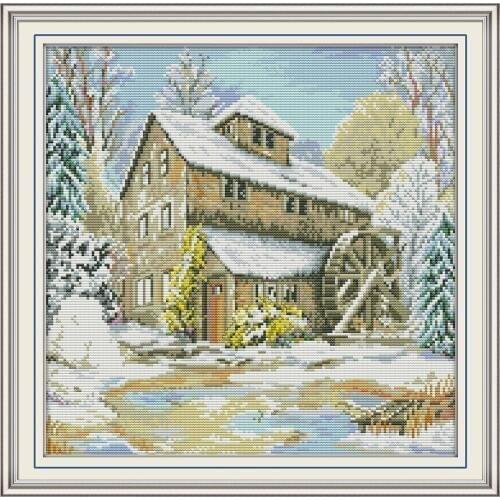 Everlasting Love Waterwheel Cabin Chinese Cross Stitch Kits Ecological Cotton Printed 11CT DIY Christmas Gift Wedding Decoration