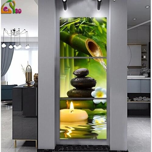 Modular 3 Panels Bamboo Water Diamond Painting Candle Stone SPA Wall Art Cross Stitch For Living Room Porch Corridor Home Decor