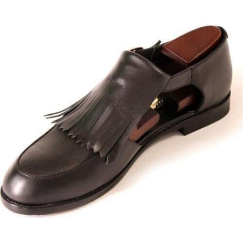 British Mens Tassels Round Toe Sandals Runway Block Heels Buckle Genuine Leather Shoes Business Man Work Footwear Big Size