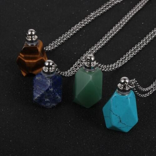 Natural Gems Stone Essential Oil Diffuser Perfume Bottle Pendant Necklace Stainless Steel O Chain New Fashion Men Women Jewelry