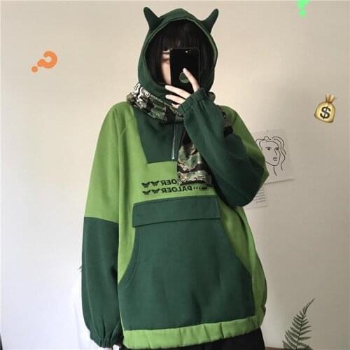 Autumn Women Loose Kpop Sweatshirts Red Green High Street Animals Cool Harajuku Women Sweety Couple Hip Hop Hoodie Fashion Tops