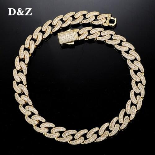 D&Z New 15mm Baguette Cuban Link Chain Spring Buckle Bling Iced Out Cubic Zirconia Necklace With Solid Back For Men Jewelry