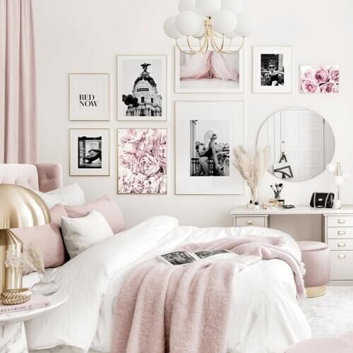 Photography Poster Wall Art Canvas Painting Black and White Figure Pink Flower Print Home Decor Print for Dormitory Picture