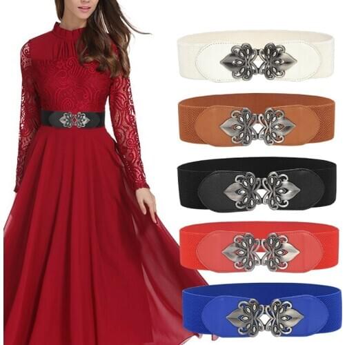 Vintage Women Girdle Waistband Elastic Stretch Wide Waist Belts Metal Buckle Cummerbunds Female Belt Waistband Hook Up Wide Belt