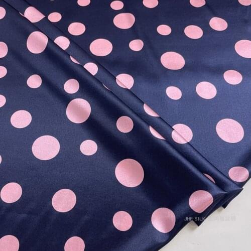 1 Meter Navy Blue Pink Size Polka Dots Natural Silk Fabric Dress Shirt 135 Wide Stretch Satin