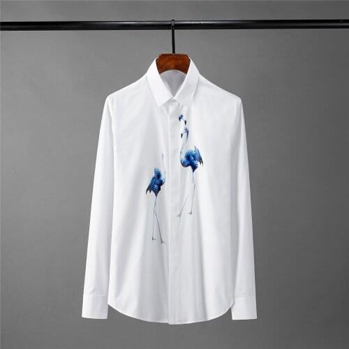 Minglu Solid Color Mens Shirts Luxury Red Crowned Crane Digital Print Long Sleeve Man Shirts Plus Size 4xl Slim Party Male Shirt