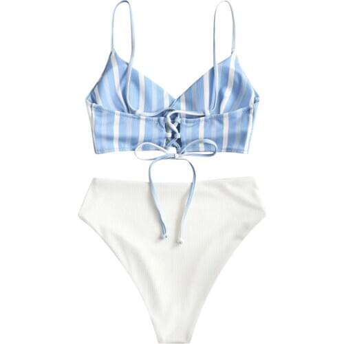 Sagace striped womens sexy bandage stitching printed split bikini swimsuit with chest pad, bare back, simple and slim swimsuit