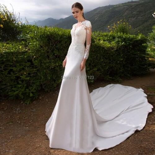 Long Sleeves Mermaid Wedding Dresses Satin Zipper Scoop Wedding Gown Lace Appliques Bride Dress Vestido De Noiva Court Train