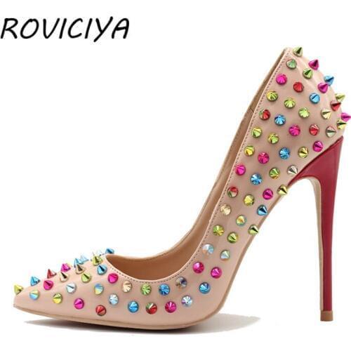 Patent leather with Colourful Rivet Shoes Women Pointed Toe High Heels Sexy Women Pumps 12 cm Stilettos MD001 ROVICIYA