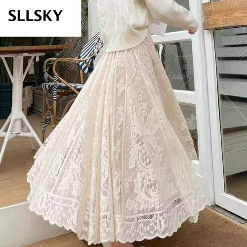Sllsky Elastic Casual High Waist Lace Skirts Women Summer 2021 New Korean A-line Black Fine Sand Net Long Sweet Female Skirt