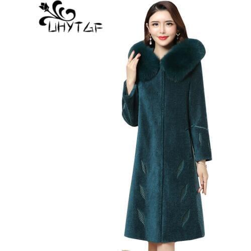 UHYTGF 4XL plus size jacket women Quality sheep sheared winter fur coat fox fur hooded warm tops fashion embroidery fur coat 644