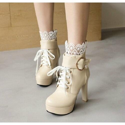 Sianie Tianie Winter Sexy Lady Shoes Wedding Bride Pumps Lace Borders Lace-up Big Buckle Strap Platform High Heels Ankle Boots