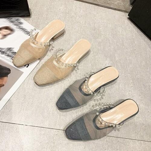 Womens Chunky Heel Flat Shoes, Casual Mules with Lace Upper, Breathable Low-heeled Fashion Slides for Lazy People