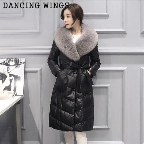 Plus Size 4XL Womens Genuine Sheepskin Leather Down Coat Coat Jacket With Real Fox Fur CollarFemale Outerwear Coats